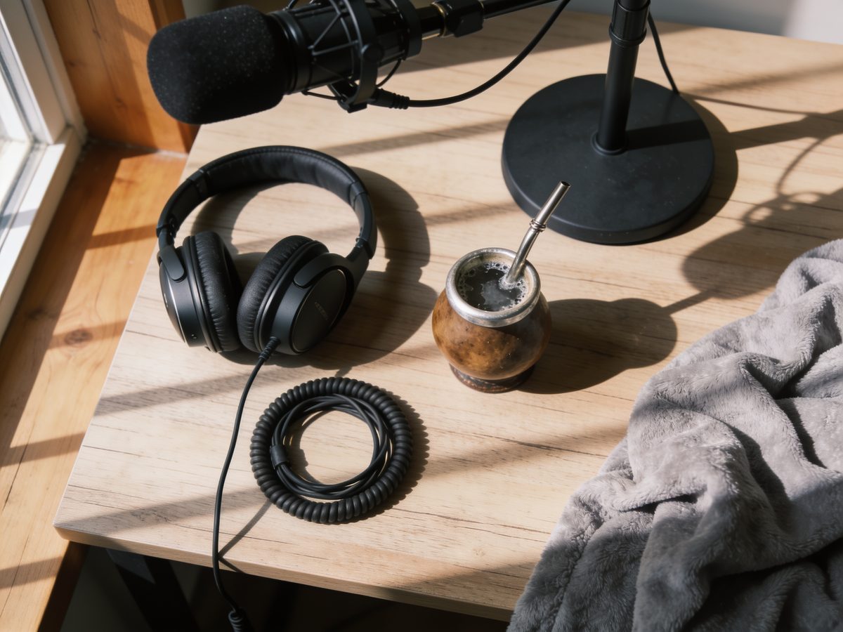 Imagen ilustrativa: vista cenital de un escritorio de streaming a la mañana, con auriculares, cable enrollado y un mate frío