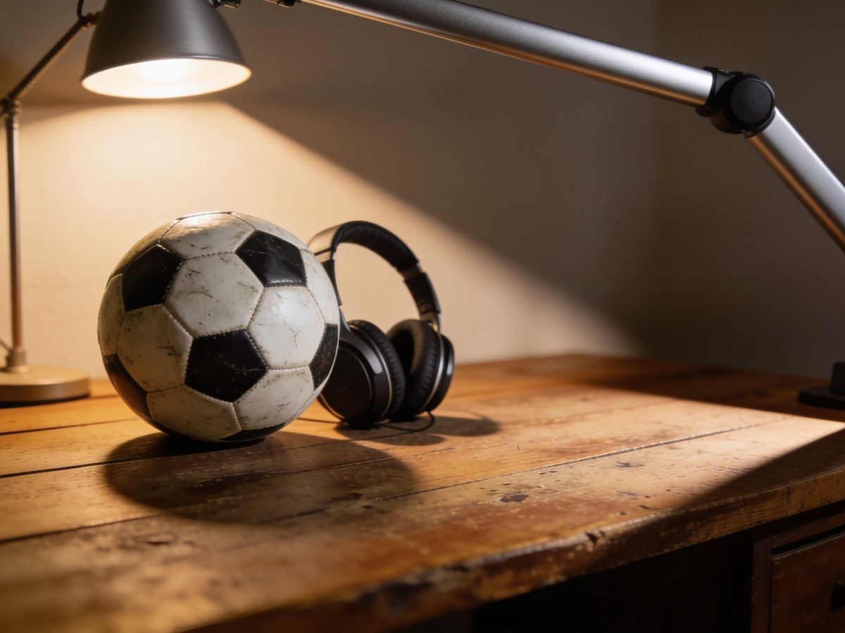 Imagen ilustrativa: pelota de fútbol gastada sobre un escritorio de madera, junto a auriculares y un brazo de micrófono