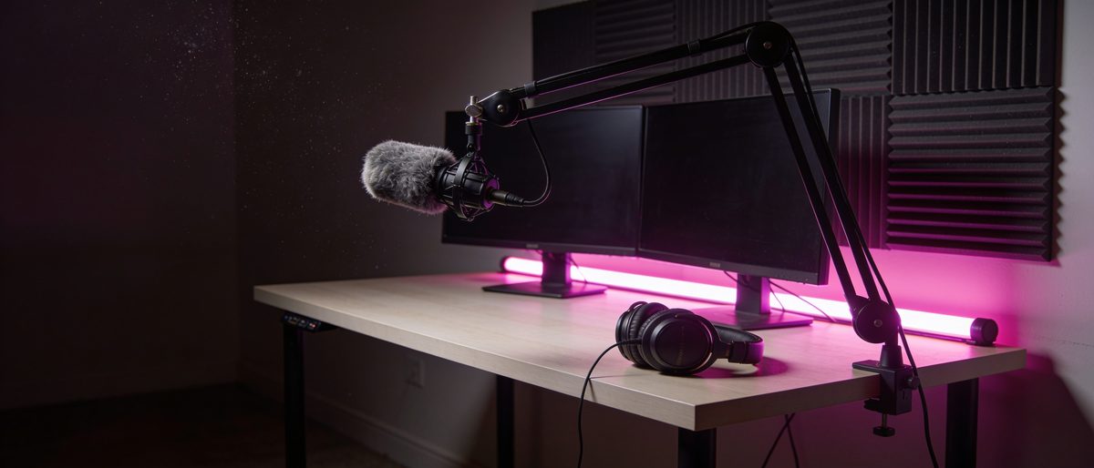 Imagen ilustrativa: escritorio de streaming vacío de noche, con micrófono de brazo, auriculares y dos monitores apagados